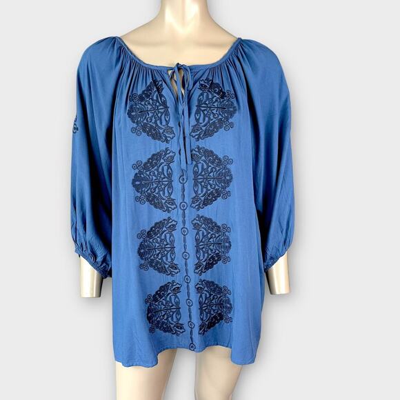 Solitaire Embroidered Oversized Tunic Top Bohemian Blouse Peasant Size L Blue - Picture 1 of 13